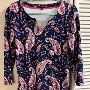 Talbots knit cotton shift dress long sleeved - blue and pink paisley Size M EUC